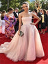 A Line Strapless Pink Beadings Tulle Satin Prom Dress LBQ2064